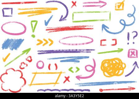 Crayon pastel éléments dessinés à la main - flèches, lignes, cercles, coches, griffonnages aux couleurs arc-en-ciel. Illustration de Vecteur