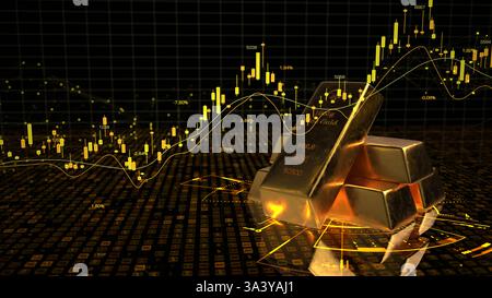 Graphique de bougie des stocks de commerce de marchandises d'or. Illustration 3D Une illustration 3D du commerce de l'or avec des lingots d'or et un graphique en chandelier. Banque D'Images