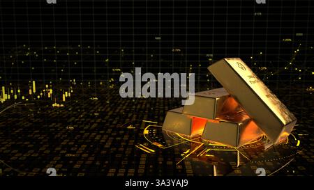 Graphique de bougie des stocks de commerce de marchandises d'or. Illustration 3D Une illustration 3D du commerce de l'or avec des lingots d'or et un graphique en chandelier. Banque D'Images