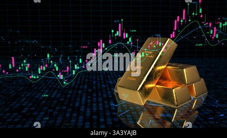 Graphique de bougie des stocks de commerce de marchandises d'or. Illustration 3D Une illustration 3D du commerce de l'or avec des lingots d'or et un graphique en chandelier. Banque D'Images