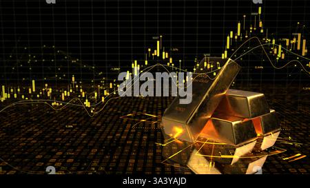 Graphique de bougie des stocks de commerce de marchandises d'or. Illustration 3D Une illustration 3D du commerce de l'or avec des lingots d'or et un graphique en chandelier. Banque D'Images