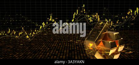 Graphique de bougie des stocks de commerce de marchandises d'or. Illustration 3D Une illustration 3D du commerce de l'or avec des lingots d'or et un graphique en chandelier. Banque D'Images