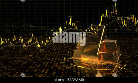 Graphique de bougie des stocks de commerce de marchandises d'or. Illustration 3D Une illustration 3D du commerce de l'or avec des lingots d'or et un graphique en chandelier. Banque D'Images