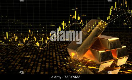 Graphique de bougie des stocks de commerce de marchandises d'or. Illustration 3D Une illustration 3D du commerce de l'or avec des lingots d'or et un graphique en chandelier. Banque D'Images