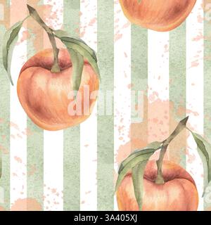 Fond botanique aquarelle avec des rayures vertes, pêches fraîches avec des feuilles vertes illustration. Fruit dessiné à la main et motif géométrique abstrait pour w Banque D'Images