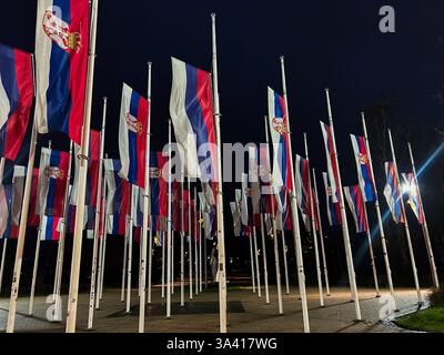 Drapeaux serbes abaissés en Berne en l'honneur du jour de deuil de nuit, symbolisant le respect et le souvenir. Banque D'Images