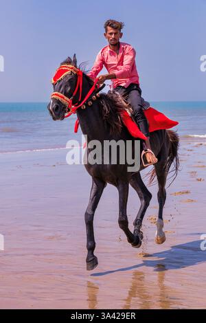 Homme à cheval sur la plage de Mandvi, Gujarat, Inde Banque D'Images