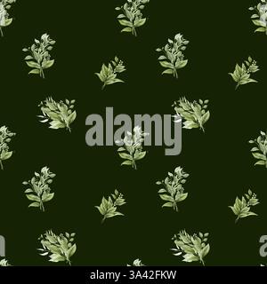 Brindilles vertes avec des feuilles gracieuses dans un bouquet, motif sans couture. Illustration numérique de l'aquarelle. Branches de saule d'eucalyptus sur un fond sombre. Bot Banque D'Images