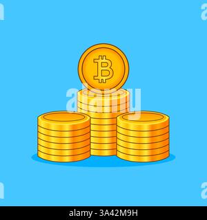 Pièces Golden Bitcoin empilées sur un fond bleu vif, symbolisant la richesse de la crypto-monnaie. Illustration de Vecteur