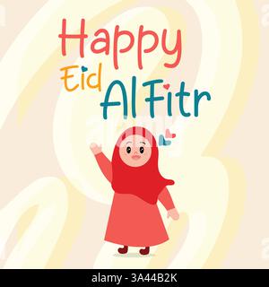 Carte de voeux Happy Eid al-Fitr – illustration mignonne de fille musulmane de dessin animé Illustration de Vecteur