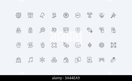 Jeton non fongible, films et musique, illustration vectorielle de symboles de contour noir mince utilitaire d'illustration. NFT, paiement de crypto-monnaie avec portefeuille, échange et transfert sur le jeu d'icônes de ligne de marché Illustration de Vecteur