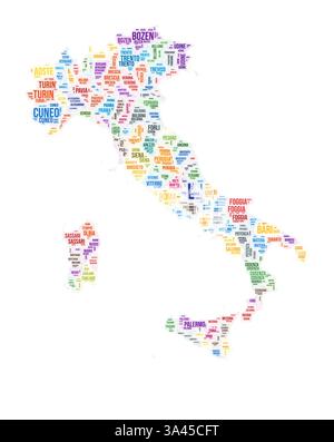 Nuage de mots de la région Italie. Forme campagnarde. Italie illustration colorée. Nuage de collage de noms de région. Illustration vectorielle. Illustration de Vecteur