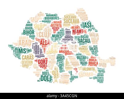 Roumanie Word Cloud. Forme du pays avec division de région. Image de style typographie Roumanie. Nuages de balises de noms de région. Illustration vectorielle. Illustration de Vecteur