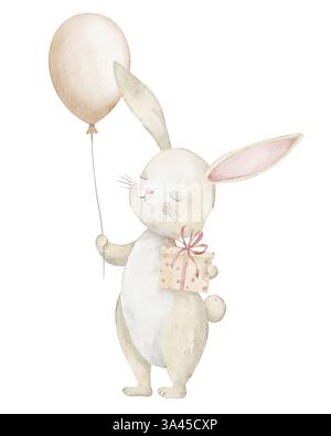 Illustration aquarelle d'un lapin debout tenant un ballon et une petite boîte cadeau. Dessin d'animal mignon pour les cartes de voeux d'anniversaire enfantin ou invitations de douche de bébé. Design Art pour enfants. Banque D'Images