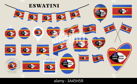 drapeau eswatini défini. Divers drapeau national collection avec différentes formes comme le coeur, bouclier, oeuf de pâques, emplacement, cercle, tad, grunge, carré, Illustration de Vecteur