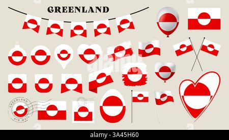 drapeau du groenland fixé. Divers drapeau national collection avec différentes formes comme le coeur, bouclier, oeuf de pâques, emplacement, cercle, tad, grunge, carré, Illustration de Vecteur