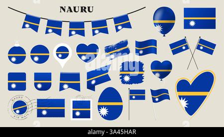 drapeau nauru défini. Divers drapeau national collection avec différentes formes comme le coeur, bouclier, oeuf de pâques, emplacement, cercle, tad, grunge, carré, rou Illustration de Vecteur