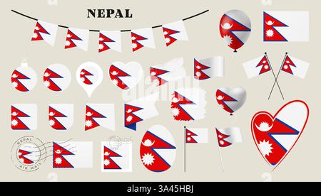 drapeau du népal fixé. Divers drapeau national collection avec différentes formes comme le coeur, bouclier, oeuf de pâques, emplacement, cercle, tad, grunge, carré, rou Illustration de Vecteur