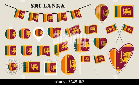 drapeau du sri lanka défini. Divers drapeau national collection avec différentes formes comme le coeur, bouclier, oeuf de pâques, emplacement, cercle, tad, grunge, carré, Illustration de Vecteur
