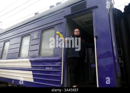 Un train d’évacuation avec des résidents des territoires de première ligne des régions de Dnipro et Donetsk, qui ont fui leurs maisons en raison de bombardements constants, arrive à Moukachevo, région de Zakarpattia, Ukraine, le 17 mars, 2025 (photo de Yulii Zozulia/Ukrinform) Banque D'Images