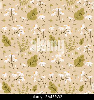 Motif floral sans couture avec des fleurs et des feuilles de camomille dessinées à la main sur un fond beige texturé. Illustration botanique élégante pour textiles Banque D'Images