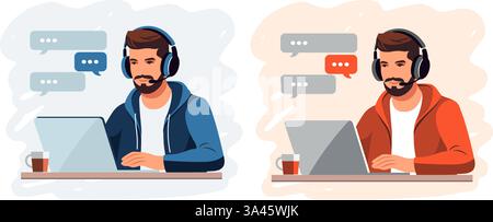 Homme assis avec un ordinateur portable. Concept télétravail, études, éducation, travail à domicile. Plat. Illustration vectorielle Illustration de Vecteur