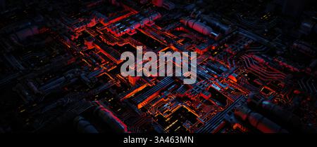 Une image abstraite présentant des circuits complexes avec des éléments rouges et oranges brillants, évoquant une atmosphère futuriste et numérique Banque D'Images