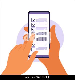 Liste de contrôle sur l'écran du smartphone. Concept d'enquête en ligne. La main tient le téléphone mobile et la liste de vérification est cochée. Illustration vectorielle. Plat Illustration de Vecteur