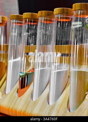 Les tubes à essai colorés remplis de divers produits chimiques présentent l'exploration scientifique dans un cadre de laboratoire moderne Banque D'Images