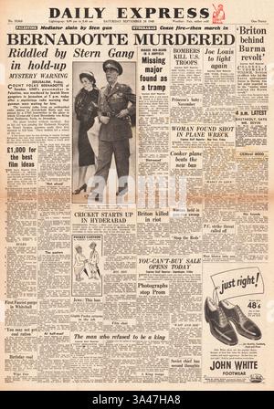 1948 page d'accueil du Daily Express sur l'assassinat du comte Bernadotte à Jérusalem Banque D'Images