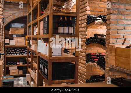 Cave à vin murée en briques avec étagères en bois à Ischgl, Autriche Banque D'Images