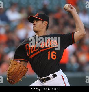 6 juin 2014 - Baltimore, Maryland, États-Unis - le lanceur de départ des Orioles de Baltimore, WEI-YIN CHEN (16 ans), livre à un batteur d'Oakland. Oakland Athletics vs Baltimore Orioles à Oriole Park à Camden Yards à Baltimore, Maryland vendredi. (Crédit image : © Mike Buscher/Cal Sport Media/ZUMAPRESS.com) Banque D'Images