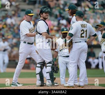 20 août 2014 - Oakland, CA, États-Unis - Bob Melvin, entraîneur d'Oakland Athletics, prend le ballon du lanceur Jeff Samardzija (29) en quatrième manche contre les mets de New York au O.co Coliseum d'Oakland, Calif, le mercredi 20 août 2014. (Crédit image : © Dan Honda/MCT/ZUMA Wire) Banque D'Images