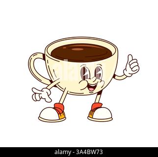 Groovy tasse de café joyeux caractère souriant. Mascotte mignonne de café chaud de restaurant, boisson de thé de café drôle vintage personnage vectoriel isolé. Chocolat chaud ou Illustration de Vecteur