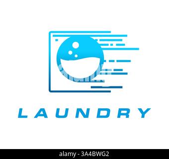 Icône de blanchisserie pour le service de lavage ou laverie automatique avec machine à laver et eau, emblème vectoriel. Symbole du service de blanchisserie de la machine à laver contenant du détergent bu Illustration de Vecteur