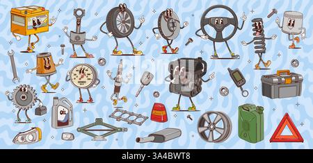 Dessins animés groovy pièces de rechange de voiture et des personnages d'outils. Photos vectorielles de pièces de rechange automatiques psychédéliques du moteur mignon, du filtre à huile et de la batterie. Tête drôle Illustration de Vecteur