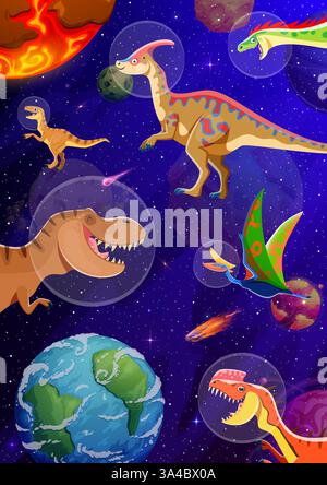Personnages d'astronautes de dinosaures de dessin animé en arrière-plan de vecteur spatial. Drôle de tyrannosaurus préhistorique, vélociraptor, monolophosaurus et Raptor din Illustration de Vecteur