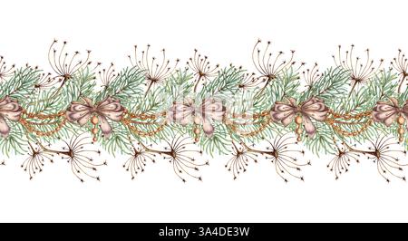 Une guirlande de branches de sapin, d'herbe, d'arcs et de chaînes pour le nouvel an et l'illustration de l'aquarelle de Noël est dessinée à la main. Bordure horizontale transparente Banque D'Images