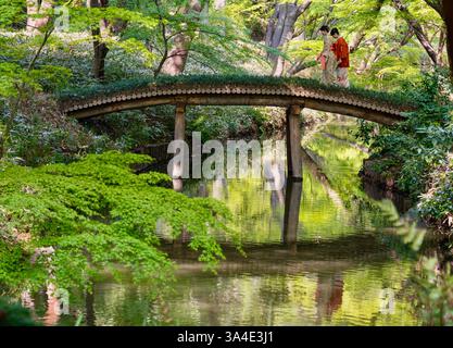 Deux femmes vêtues de kimono coloré se promènent dans les jardins de Rikugien dans le quartier de Komagome à Tokyo, au Japon. Banque D'Images