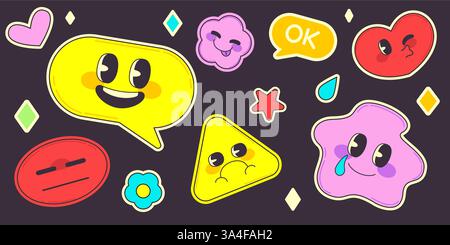 Ensemble d'autocollants de sourire groovy - formes originales avec de mignonnes expressions du visage kawaii. Bulles de parole, fleurs, cœurs et formes géométriques souriant et froncant les sourcils, riant et pleurant. Icônes de dessin animé rétro funky Illustration de Vecteur