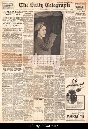 1953 Daily Telegraph page de couverture retraçant la reine Elizabeth commence sa tournée mondiale Banque D'Images