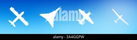 Bombardier quadrimoteur à hélices, avion supersonique, petit avion privé, planeur monoplace léger. Illustration plate isolée sur dos blanc Banque D'Images