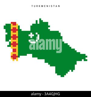 Icône de carte drapeau pixel Turkménistan. Carte turkmène 8 bits pixel art recouverte d'un drapeau. Illustration plate isolée sur fond blanc. Banque D'Images