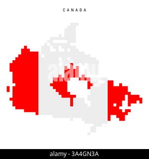 Icône de carte drapeau pixel du Canada. Carte canadienne 8 bits pixel art recouverte d'un drapeau. Illustration plate isolée sur fond blanc. Banque D'Images