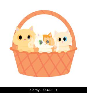 Trois chats adorables sont paisiblement assis ensemble dans un panier confortable, le tout sur un fond blanc propre et lumineux qui améliore leur gentillesse Illustration de Vecteur