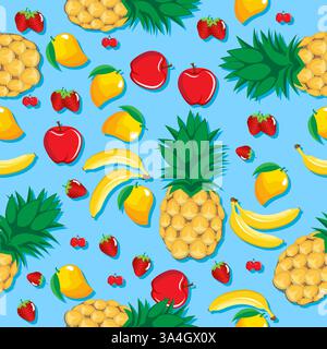 Mangue ananas pomme fraise banane cerise mélange fruits sans couture sur fond bleu aqua pour papier peint, motif, web, blog, surface, texture Illustration de Vecteur