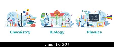 Laboratoire scientifique et classe scolaire avec des personnes miniatures. Chimie physique et biologie. Illustration vectorielle d'éducation. Illustration de Vecteur