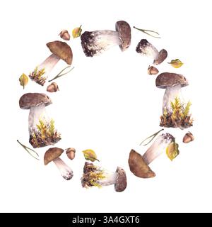 Champignons, aiguilles d'épicéa et couronne de glands. Récolte forestière champignons forêt cadre circulaire aquarelle Porcini dessiné à la main, Boletus avec chapeau brun. Produit Banque D'Images