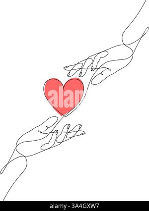 Dessin continu d'une ligne d'une main donnant le cœur à une autre. Concept linéaire de don de charité. Illustration vectorielle de conception de ligne unique Illustration de Vecteur