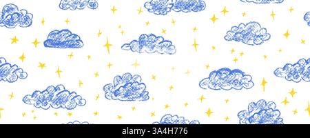 Motif sans couture de nuages de craie. Fond abstrait de ciel de minuit avec des étoiles magiques. Symboles météo dessin avec des crayons de cire. Chambre d'enfants mignon Illustration de Vecteur